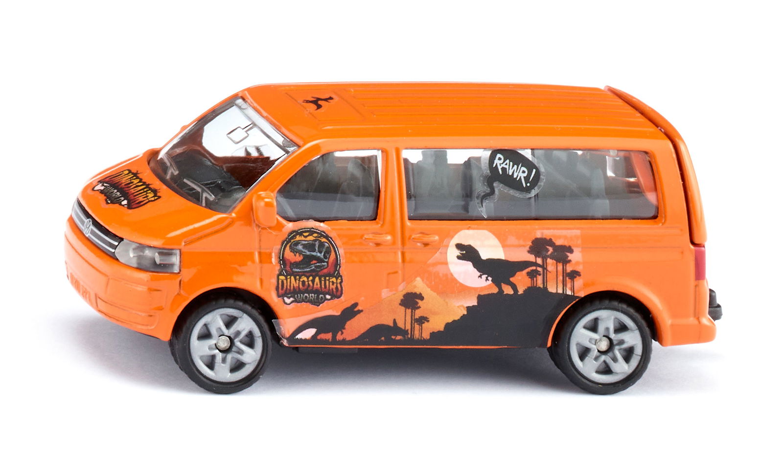 Orange "Dinosaurs World" VW Multivan toy with dinosaur silhouettes, a sunset graphic, and a "RAWR!" speech bubble