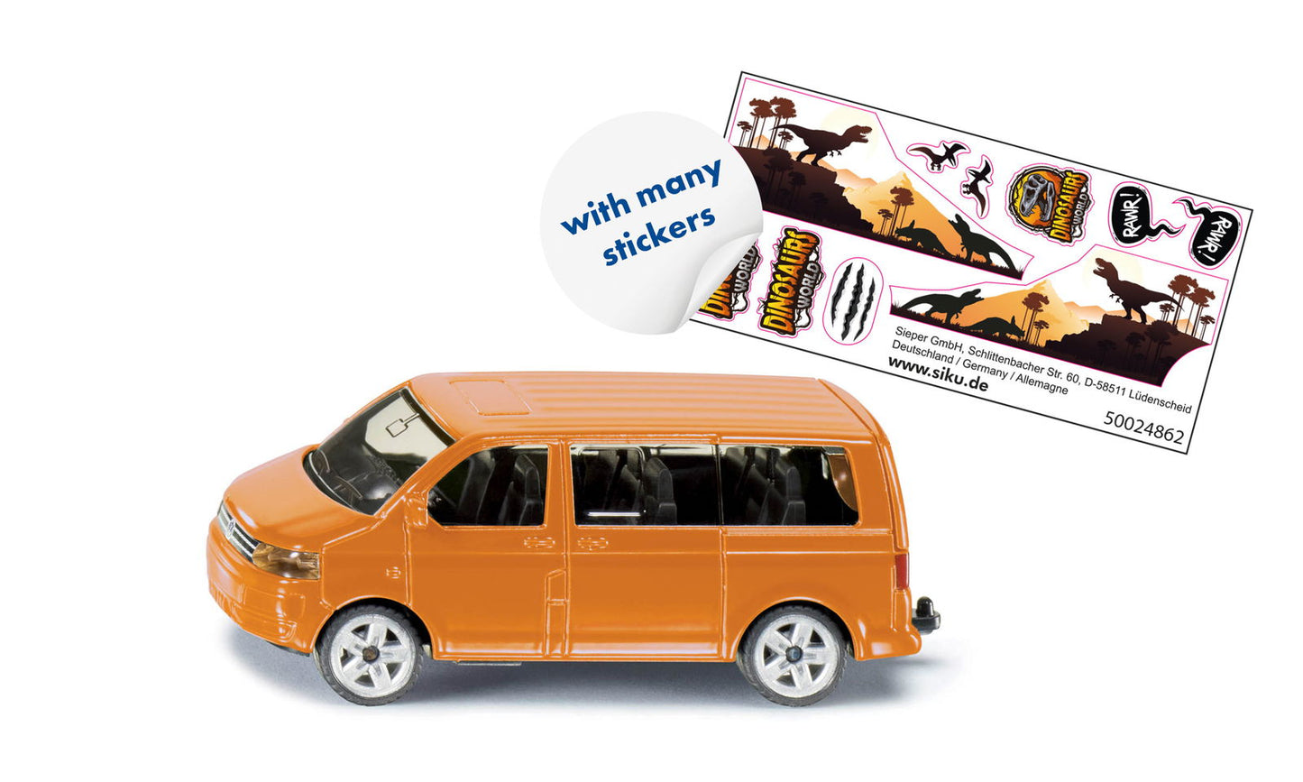 An orange VW Multivan toy shown with a sheet of dinosaur-themed stickers