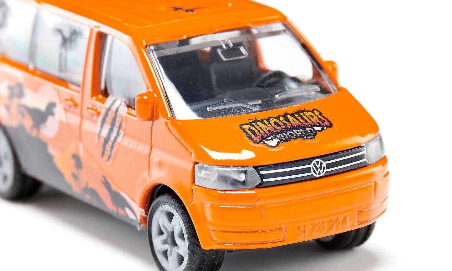 Orange VW Multivan toy with "Dinosaurs World" logo on the hood and dinosaur silhouettes on the side