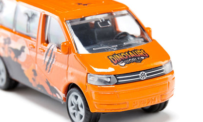 Orange VW Multivan toy with "Dinosaurs World" logo on the hood and dinosaur silhouettes on the side