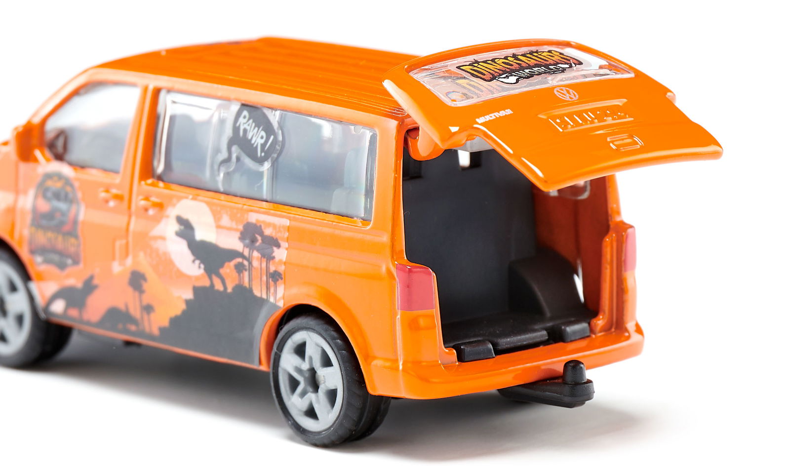 Orange VW Multivan toy with T-Rex silhouettes and 'RAWR!' text. Its rear hatch is open
