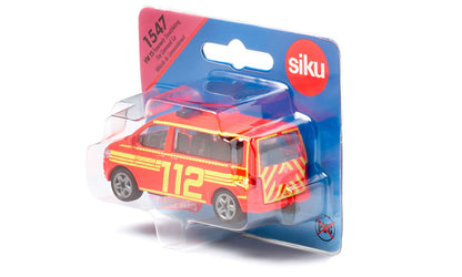 Red Siku die-cast model of a VW T5 fire command van (112) sealed in retail blister packaging