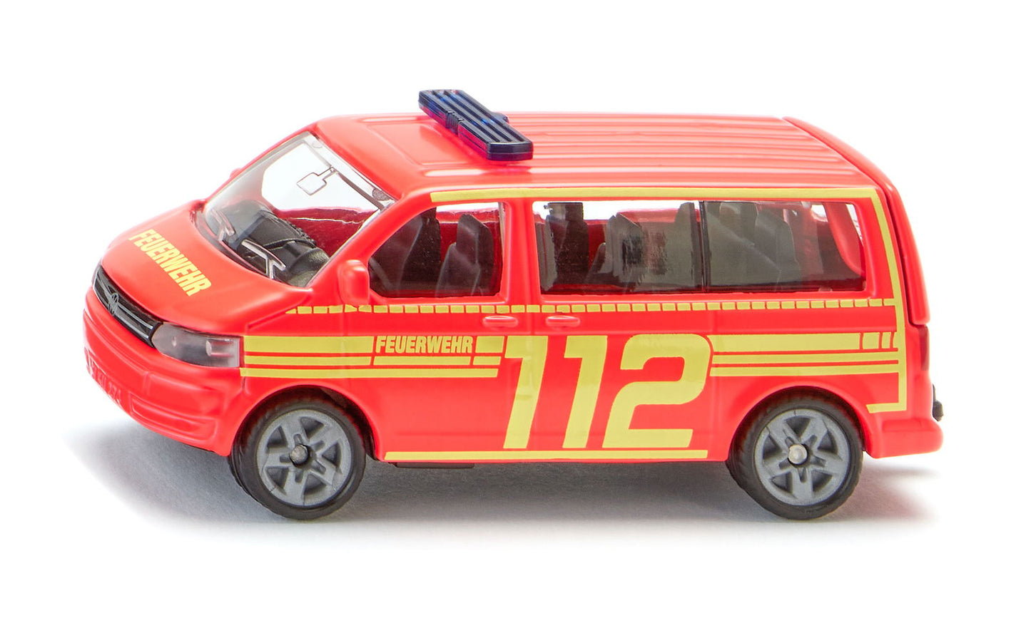 Red toy Siku Vw T5 Fire Command van(Feuerwehr) marked with yellow 112 emergency number decals