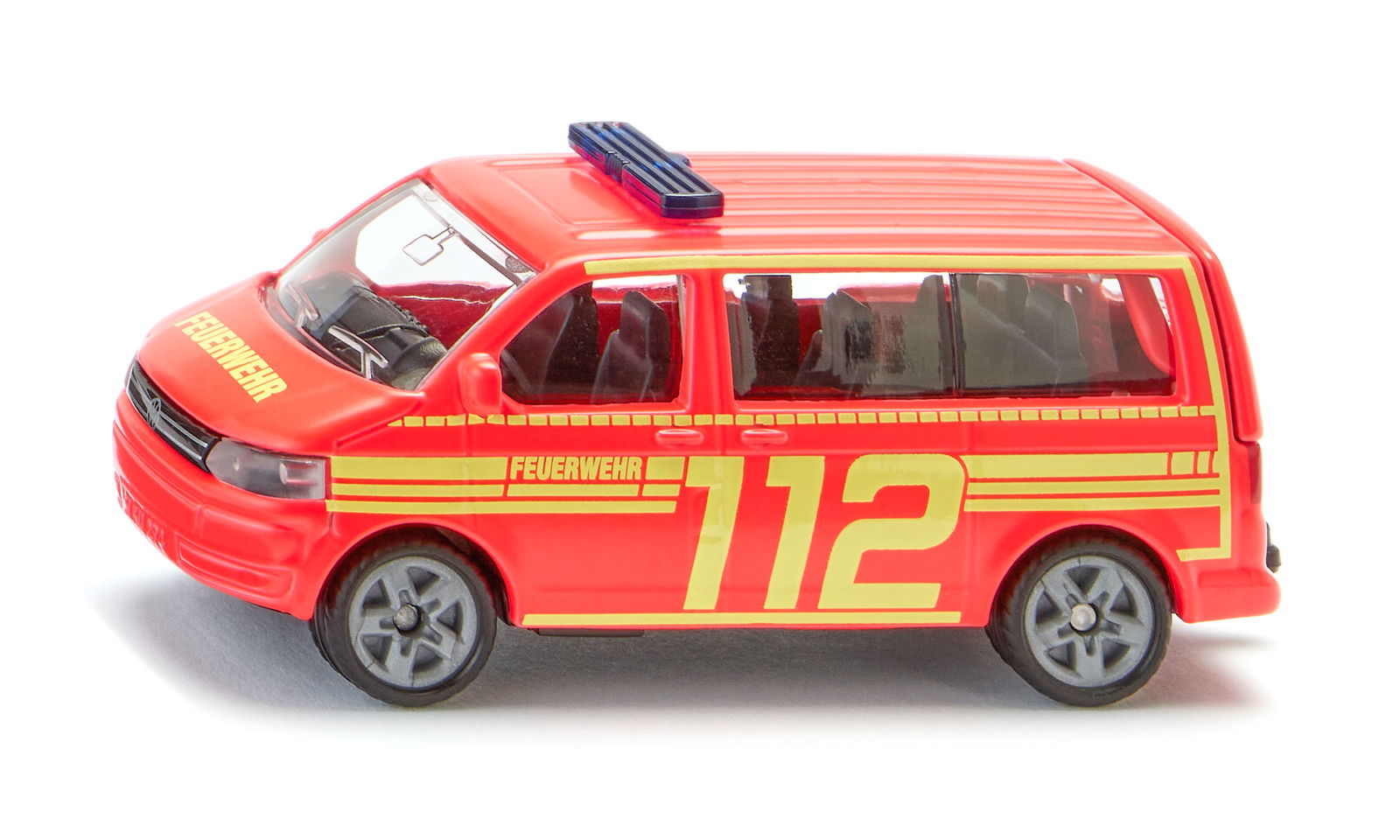 Red toy Siku Vw T5 Fire Command van(Feuerwehr) marked with yellow 112 emergency number decals