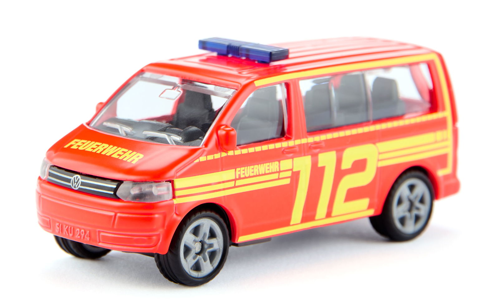 Red toy Siku Vw T5 Fire Command van (Feuerwehr) model marked with "112" and a blue light bar