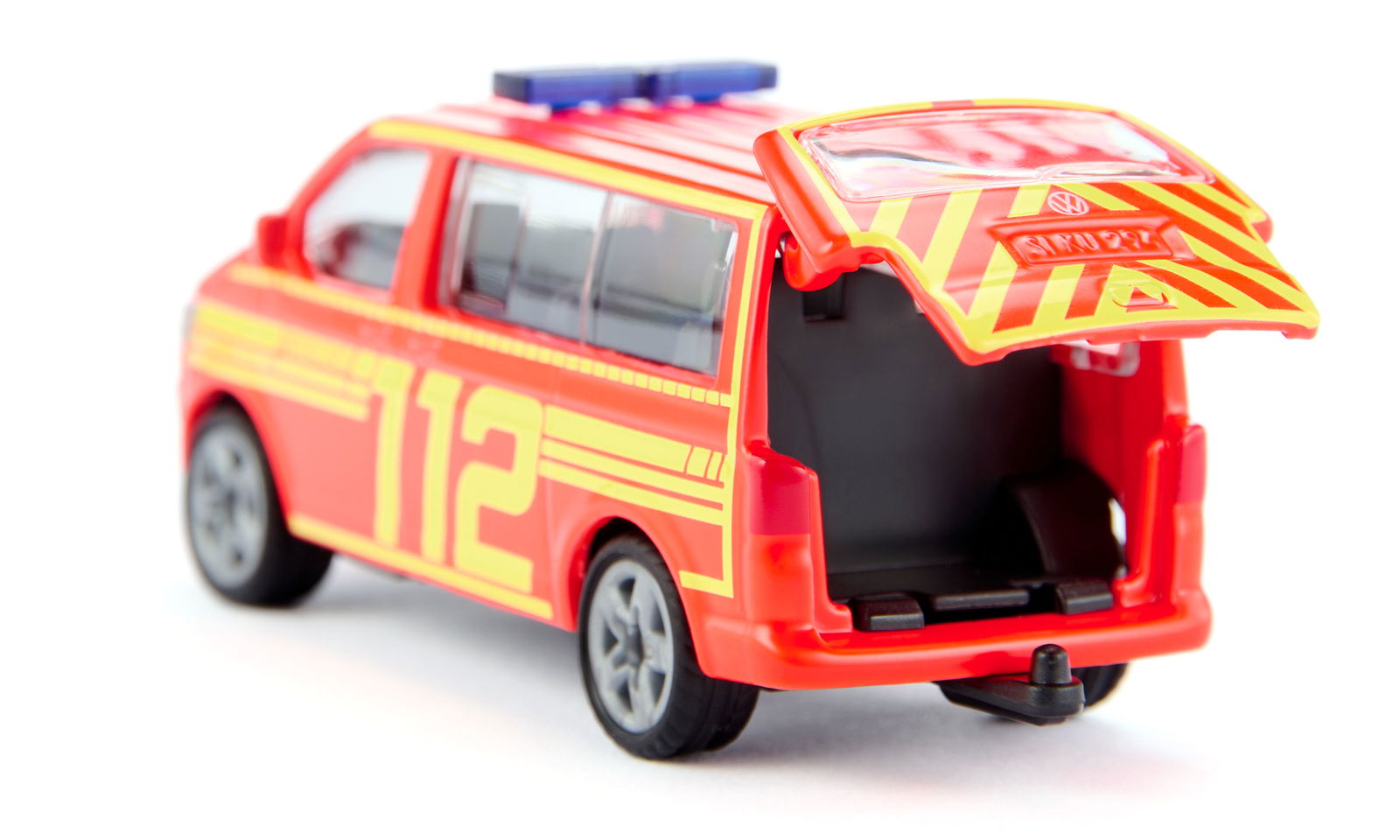 Red toy Siku Vw T5 Fire Command van with "112" decals and an open rear hatch