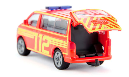 Red toy Siku Vw T5 Fire Command van with "112" decals and an open rear hatch