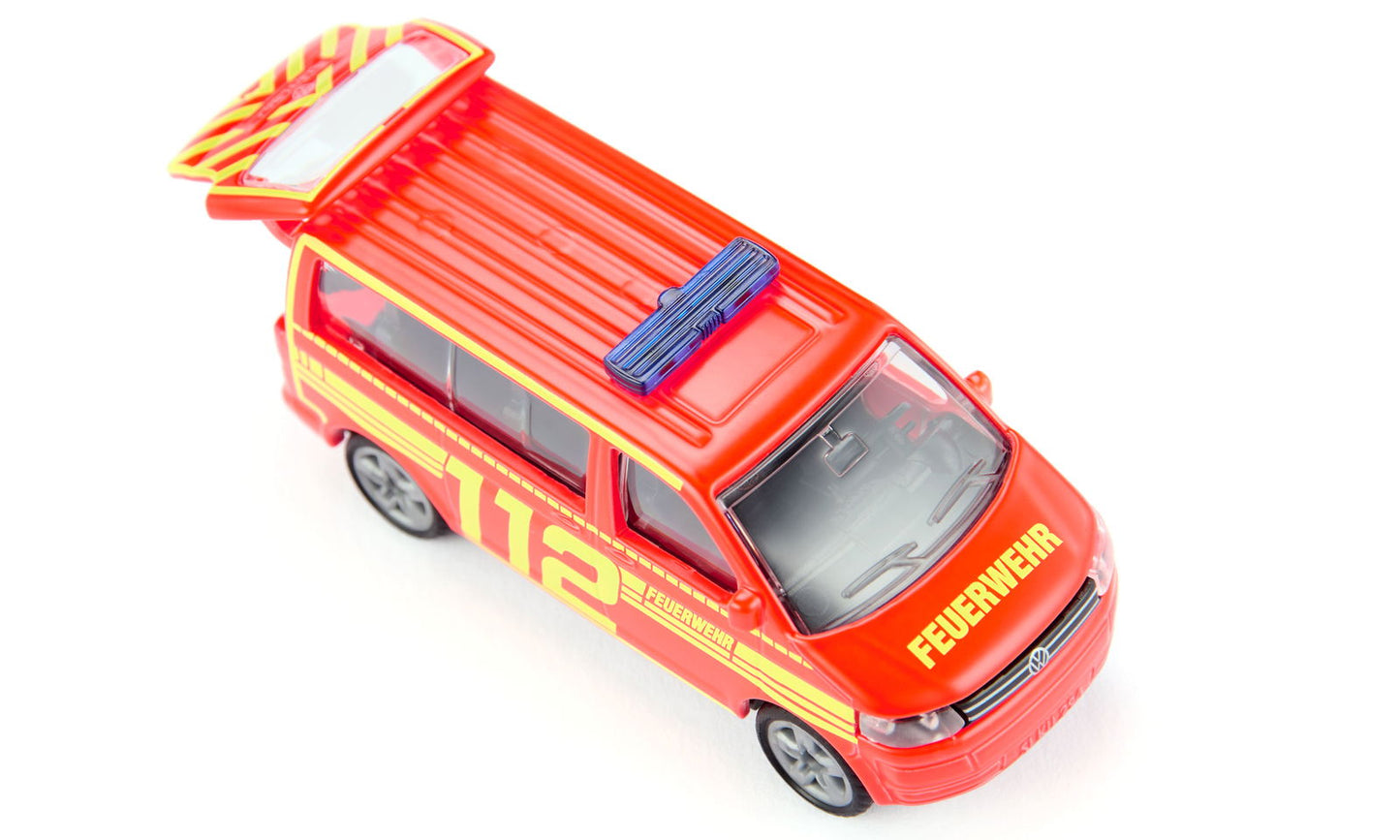 Red toy Siku Vw T5 Fire Command van with a blue roof light bar and yellow emergency markings