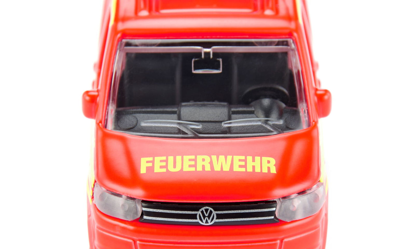 Front view of a red die-cast Siku Vw T5 Fire Command van, labeled "FEUERWEHR"