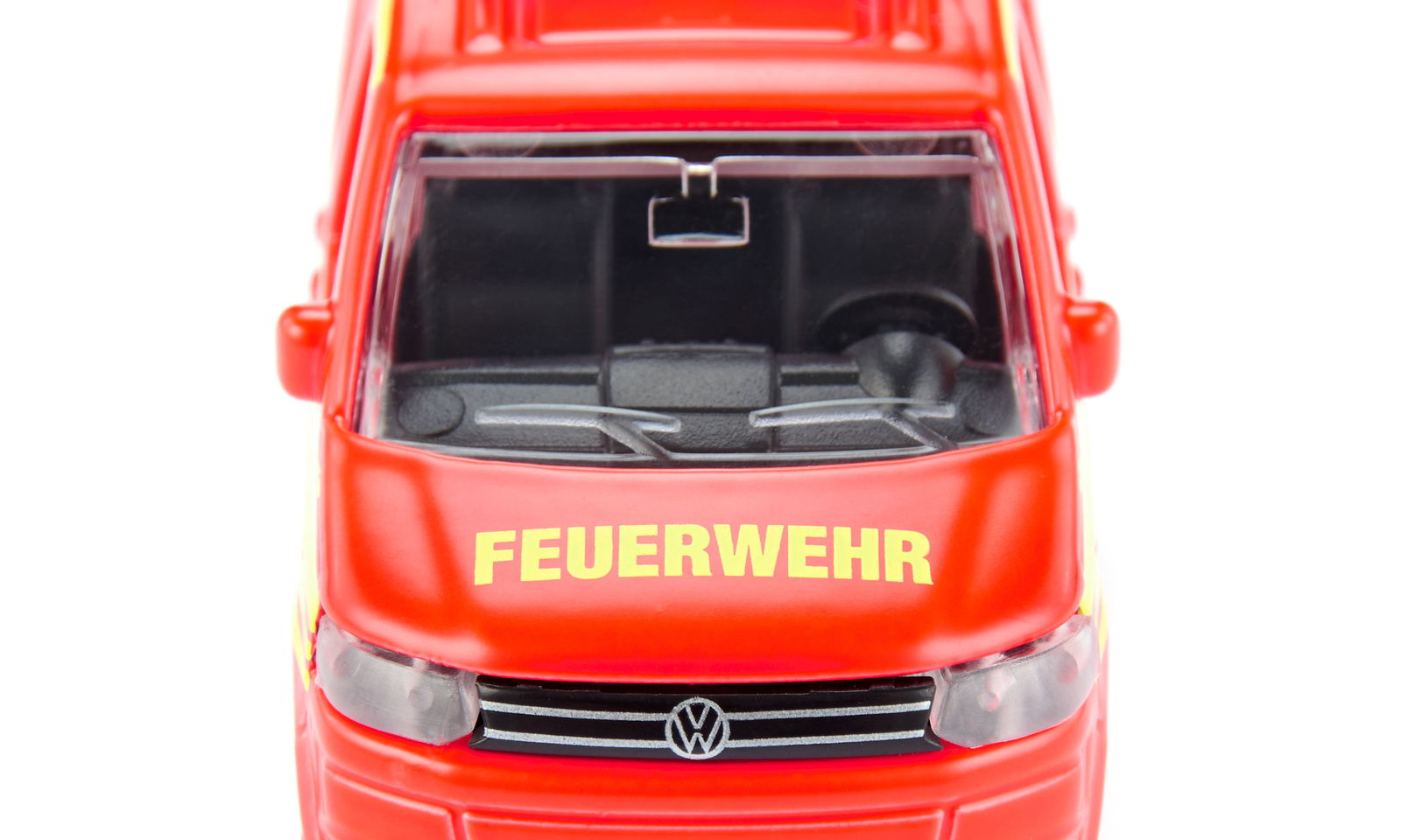 Front view of a red die-cast Siku Vw T5 Fire Command van, labeled "FEUERWEHR"