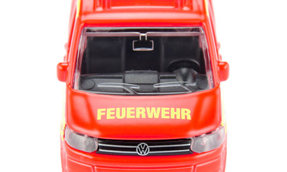 Front view of a red die-cast Siku Vw T5 Fire Command van, labeled "FEUERWEHR"