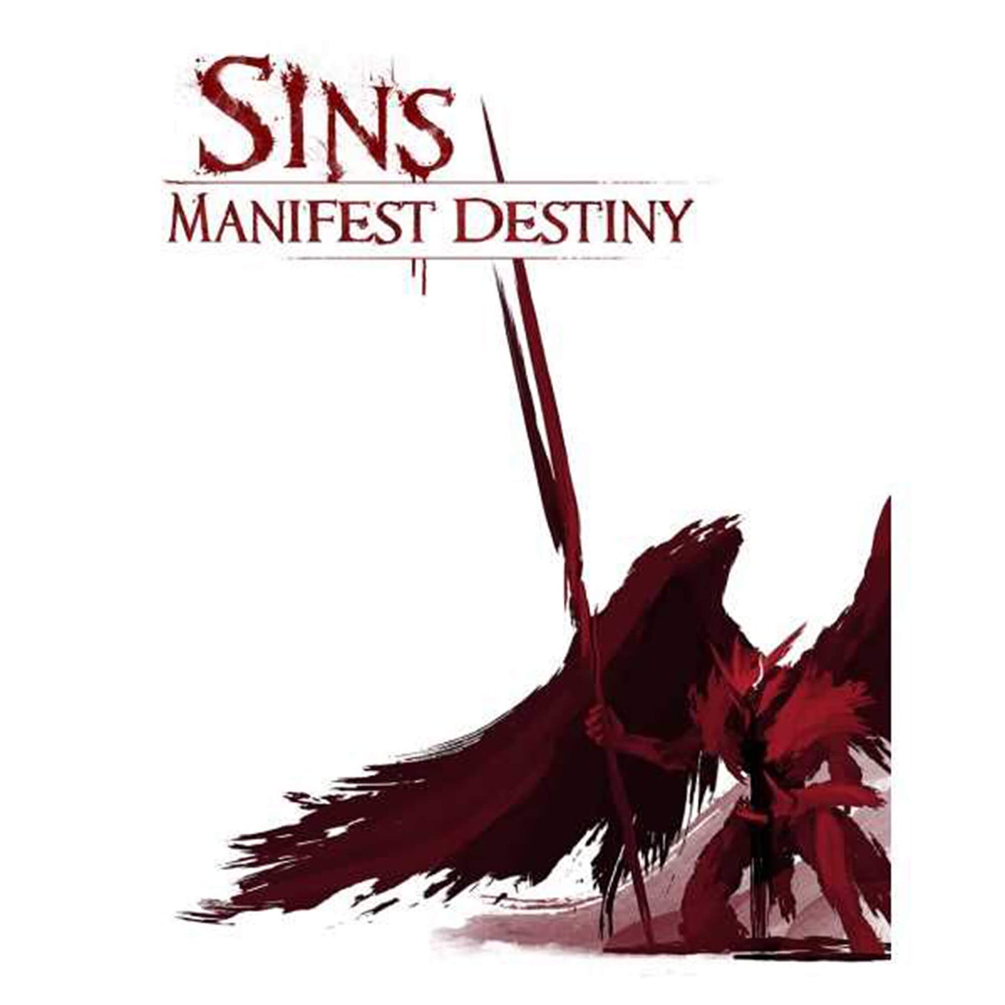 Game title SINS MANIFEST DESTINY above a dark red -  winged warrior holding a spear on a white background