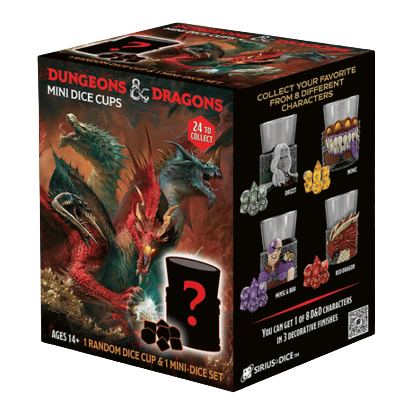Dungeons & Dragons Mini Dice Cups box, featuring dragons on the front and collectible character dice cups on the side