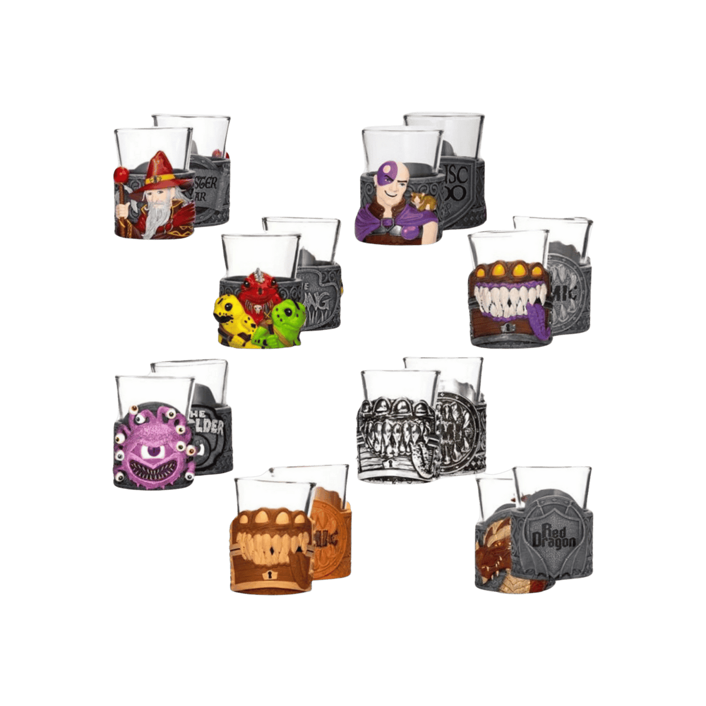 Eight pairs of fantasy shot glasses, each with a sculpted holder featuring D&D characters: wizard, mimic, dragon, beholder
