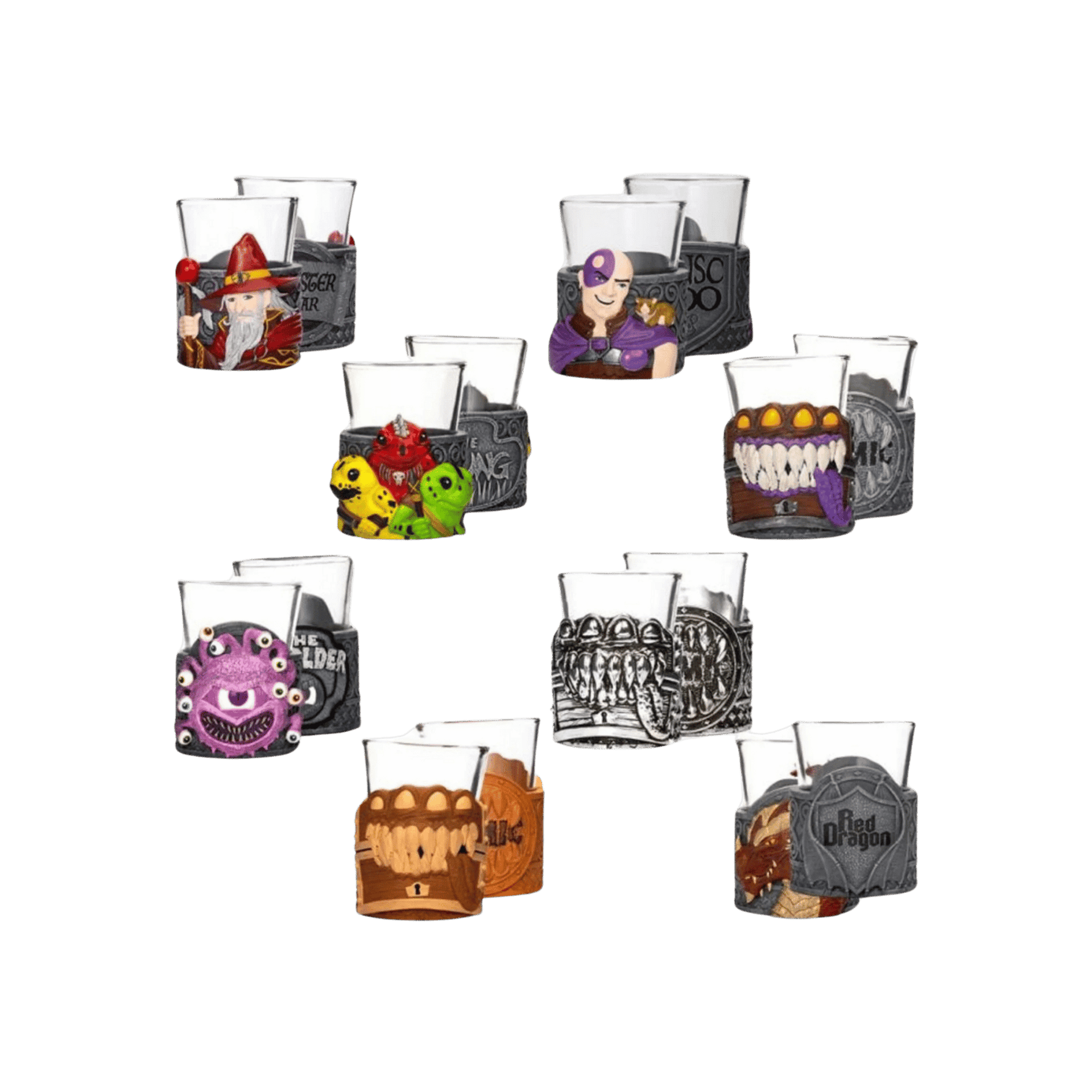 Eight pairs of fantasy shot glasses, each with a sculpted holder featuring D&D characters: wizard, mimic, dragon, beholder