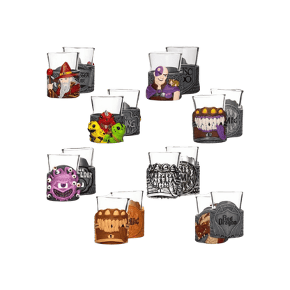 Eight pairs of fantasy shot glasses, each with a sculpted holder featuring D&D characters: wizard, mimic, dragon, beholder