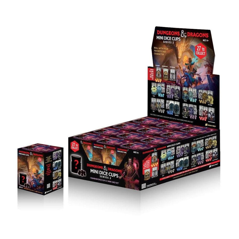 D&D Mini Dice Cups Series 2 countertop display with many collectible boxes, and one individual box