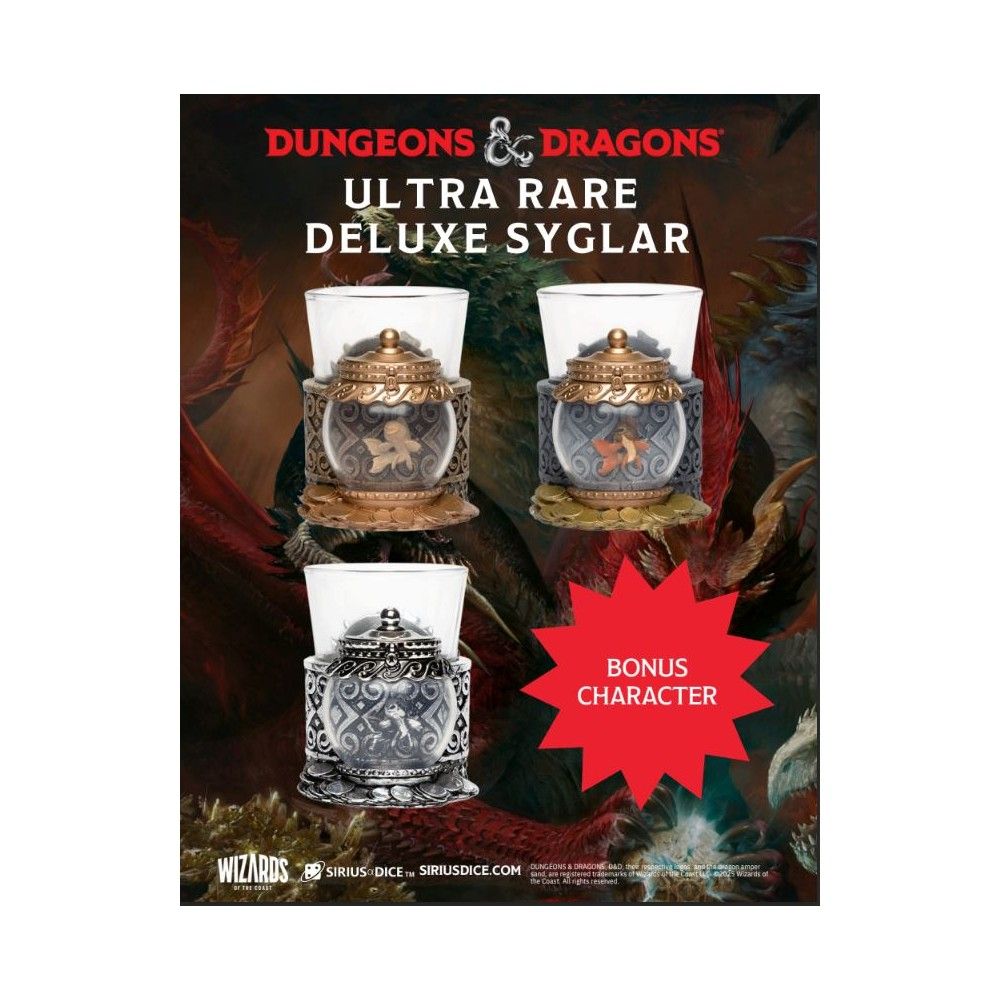 Dungeons & Dragons ad shows three deluxe collectible figures in ornate glass display cases