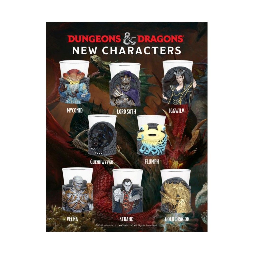D&D "New Characters" graphic showing 8 sculpted shot glasses featuring fantasy creatures and villains like Vecna and a Gold Dragon