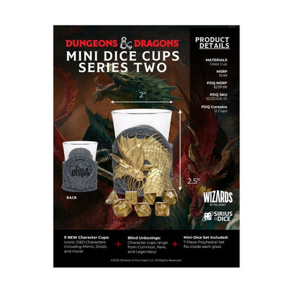 D&D Mini Dice Cups Series Two ad: Gold dragon-themed glass cup (2.5") with polyhedral dice, next to a grey cup