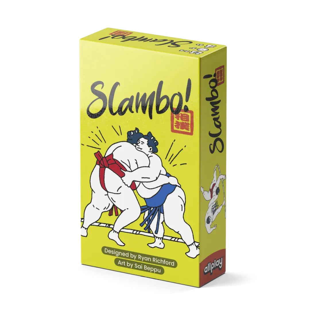 A bright yellow board game box titled "Slambo!" with a cartoon illustration of two sumo wrestlers grappling