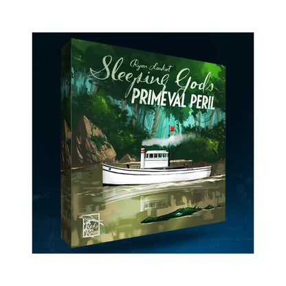 Sleeping Gods: Primeval Peril game box, cover: a white steamship navigates a jungle river, a creature lurks in the murky water