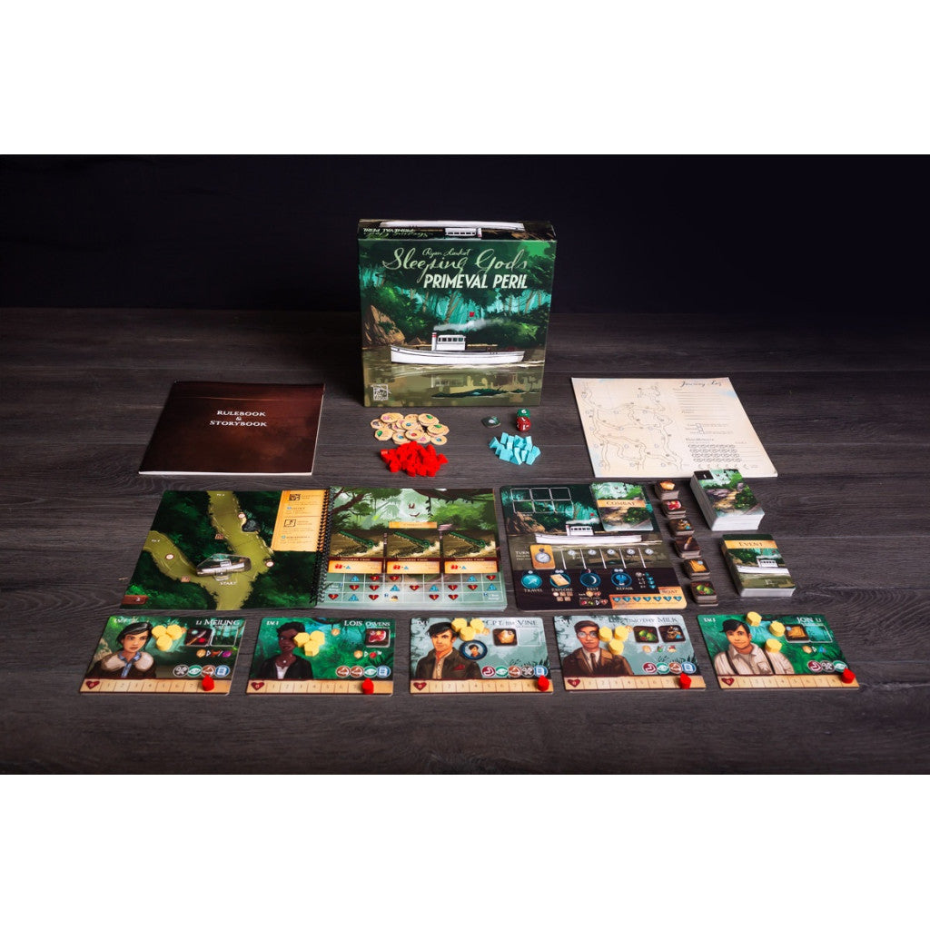 Sleeping Gods: Primeval Peril board game components set up on a dark wooden table, including box, rulebook, boards, cards, and tokens