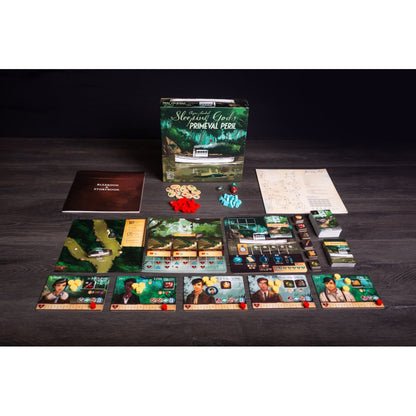 Sleeping Gods: Primeval Peril board game components set up on a dark wooden table, including box, rulebook, boards, cards, and tokens