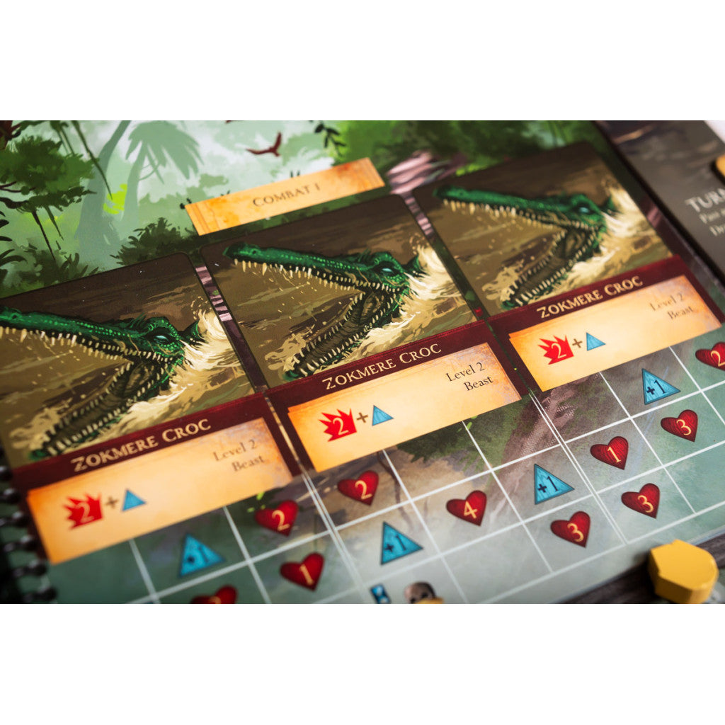Close-up of a board game with three 'Zokmere Croc' monster cards, featuring fierce green crocodiles in water, plus combat stats