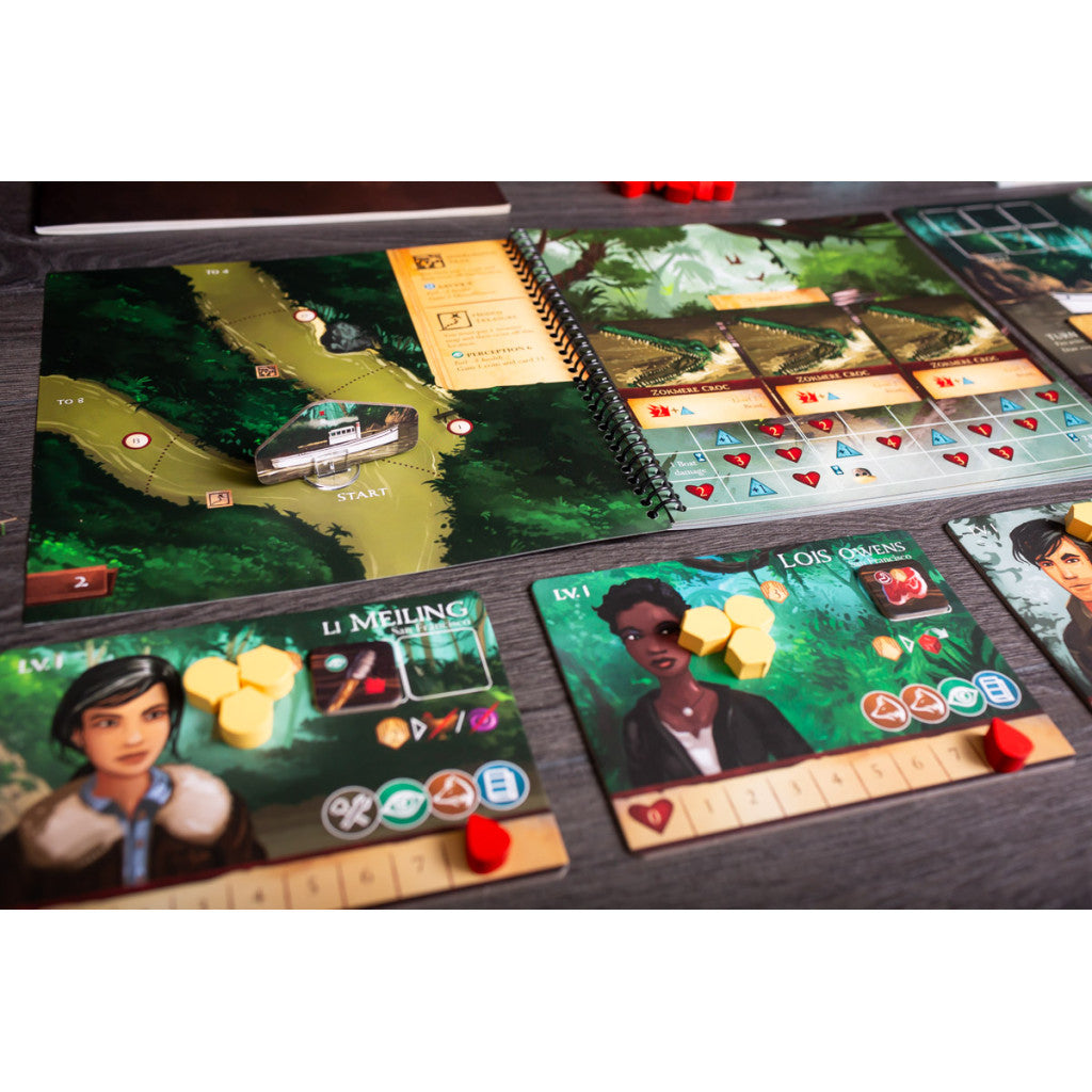 Adventure board game in progress: jungle river map with a pop-up boat, open rulebook, and character cards with tokens