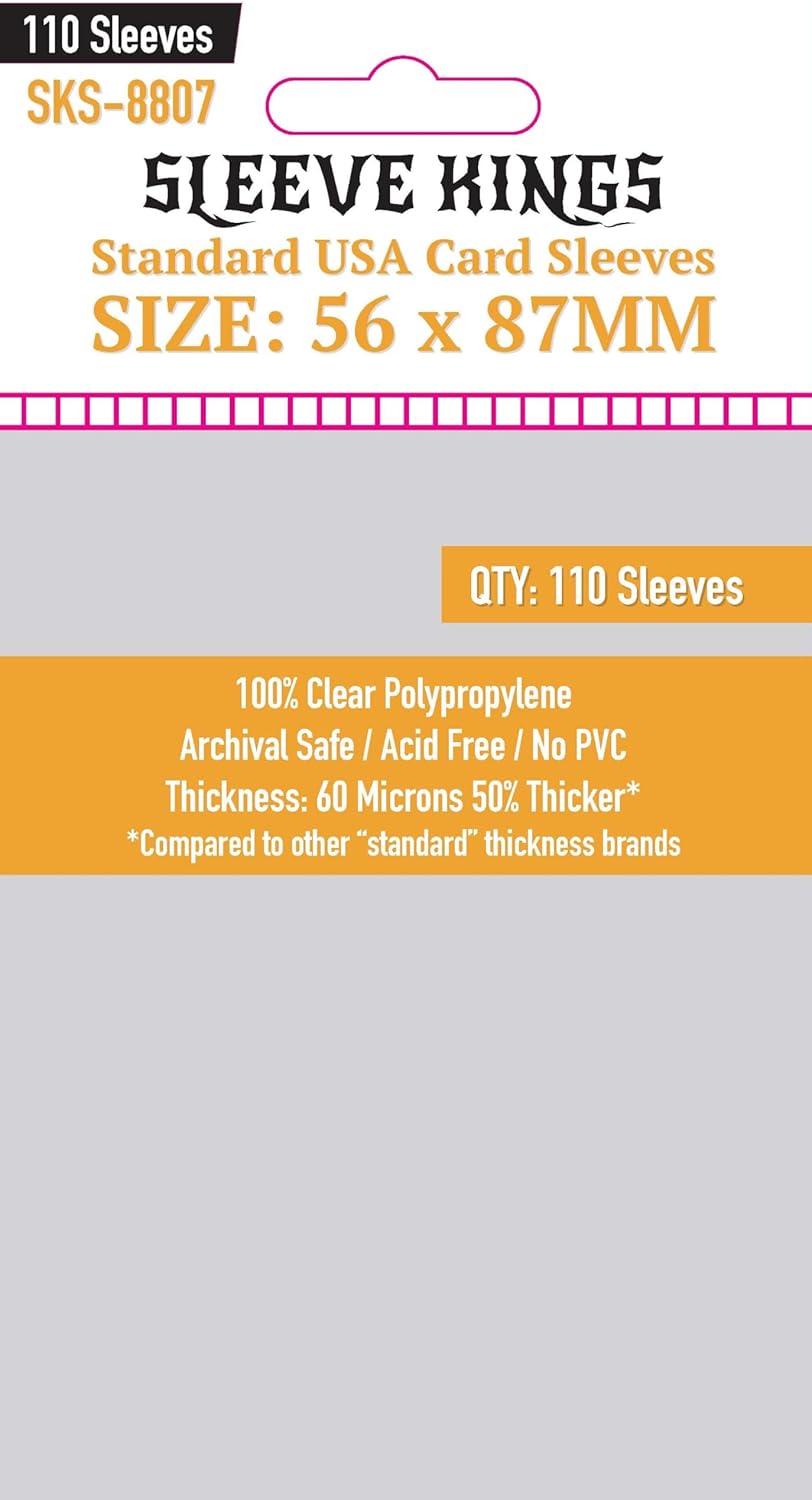 Sleeve Kings Standard USA Card Sleeves, 110 count, size 56x87mm. Clear packaging with orange info band