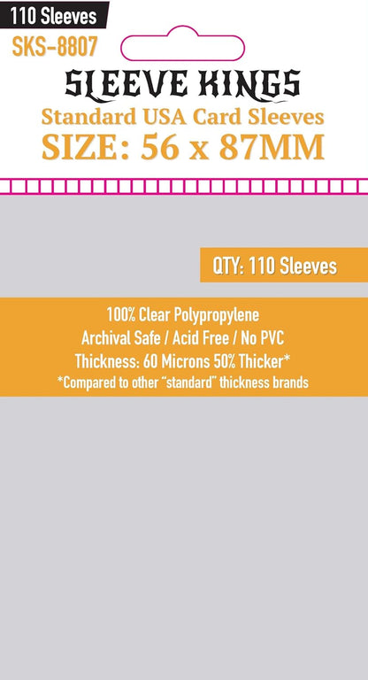 Sleeve Kings Standard USA Card Sleeves, 110 count, size 56x87mm. Clear packaging with orange info band
