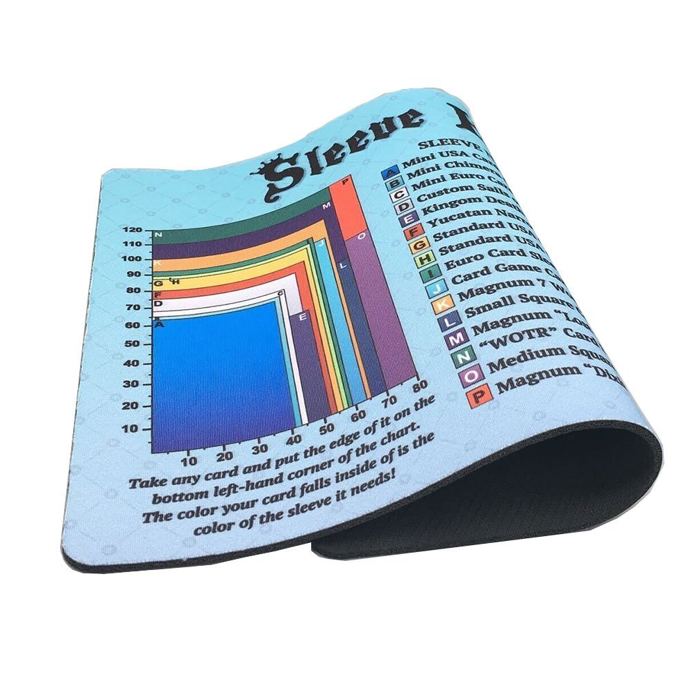 Light blue mat with a colorful chart to determine card sleeve sizes. Place a card on the chart to find its matching sleeve by color
