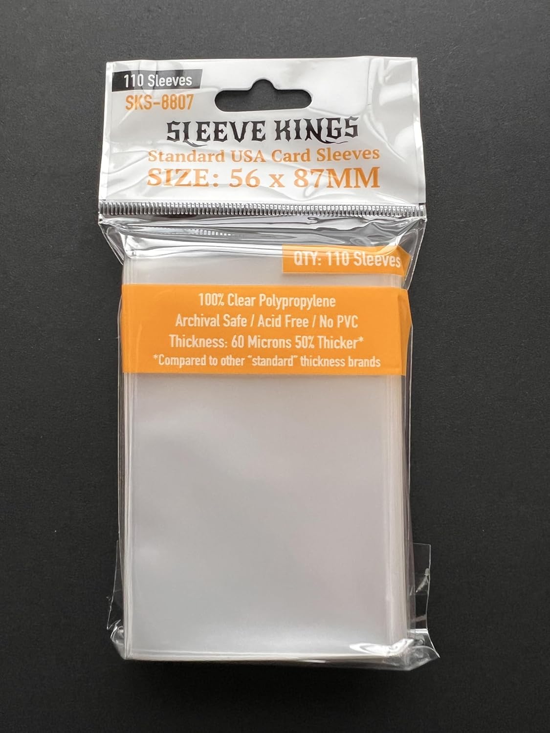 A clear plastic package of 110 Sleeve Kings card sleeves, sized 56x87mm, for standard USA cards