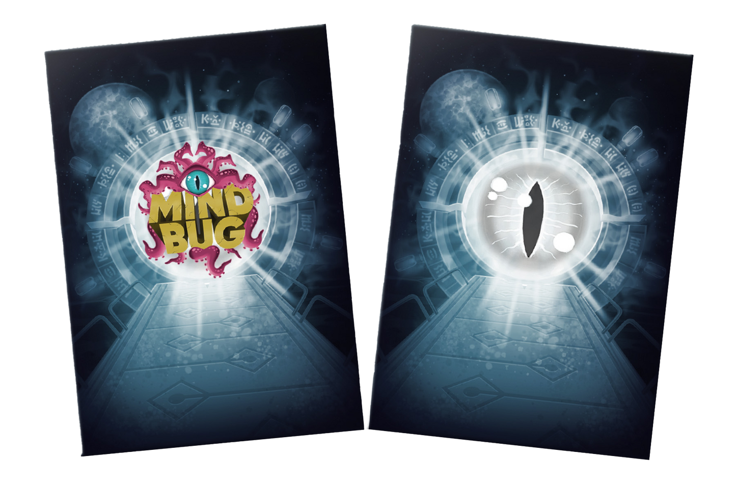 Two Mindbug card sleeves: one featuring a pink tentacled monster with MIND BUG text, the other a large glowing eye, both above a glowing path