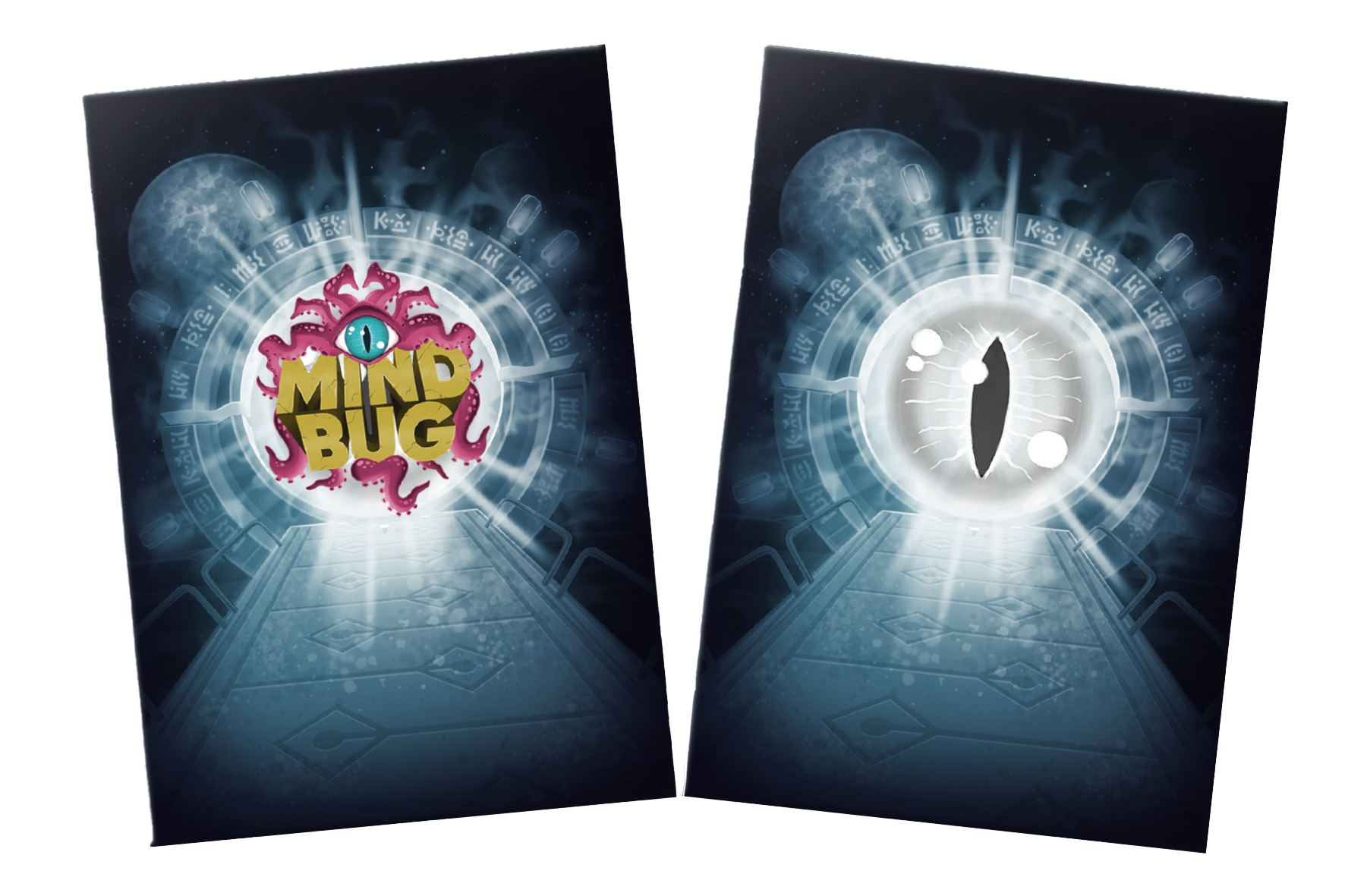 Two Mindbug card sleeves: one featuring a pink tentacled monster with MIND BUG text, the other a large glowing eye, both above a glowing path