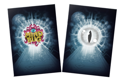 Two Mindbug card sleeves: one featuring a pink tentacled monster with MIND BUG text, the other a large glowing eye, both above a glowing path