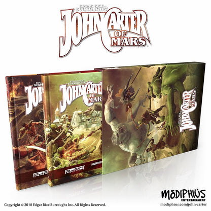 Three "John Carter of Mars" RPG books and Slipcase set, with covers showing dynamic alien battles and creatures