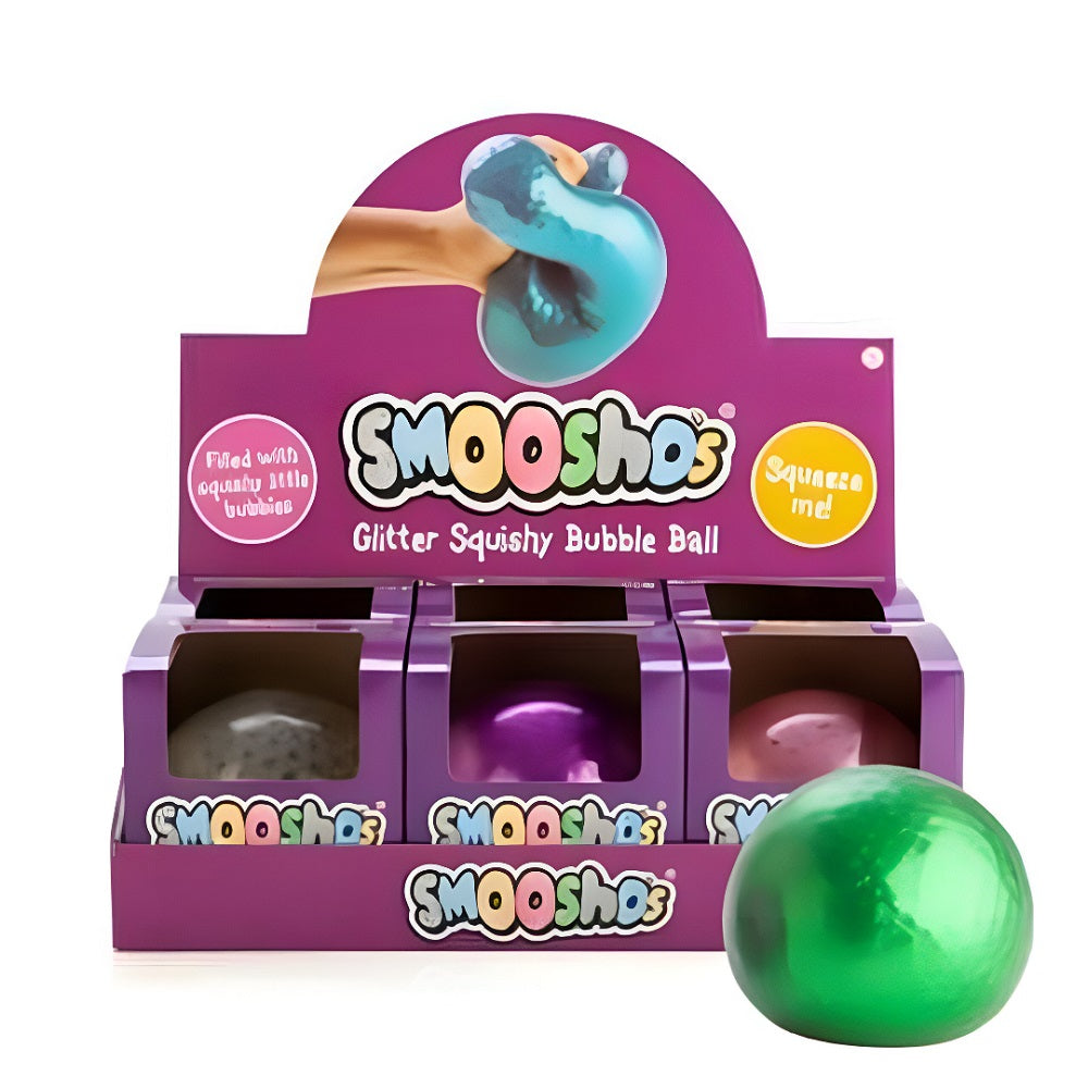 Retail display box for Smooshos Glitter Squishy Bubble Balls. A hand squeezes a ball on the header
