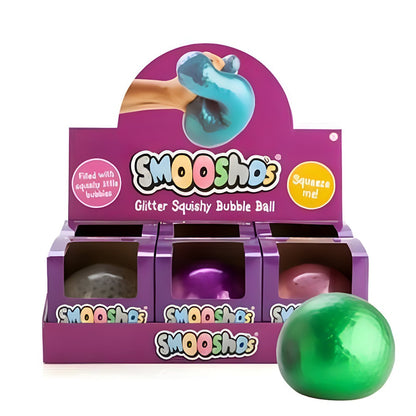Retail display box for Smooshos Glitter Squishy Bubble Balls. A hand squeezes a ball on the header