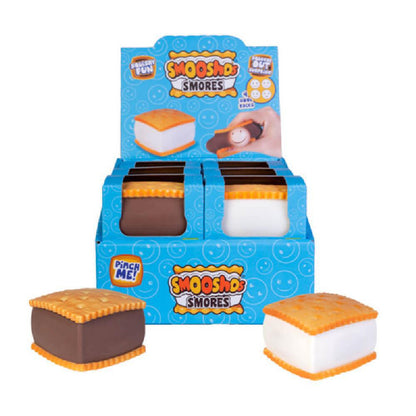 Blue display box of "Smooshos Smores" squishy toys - two s'mores, one chocolate and one marshmallow, sit in front