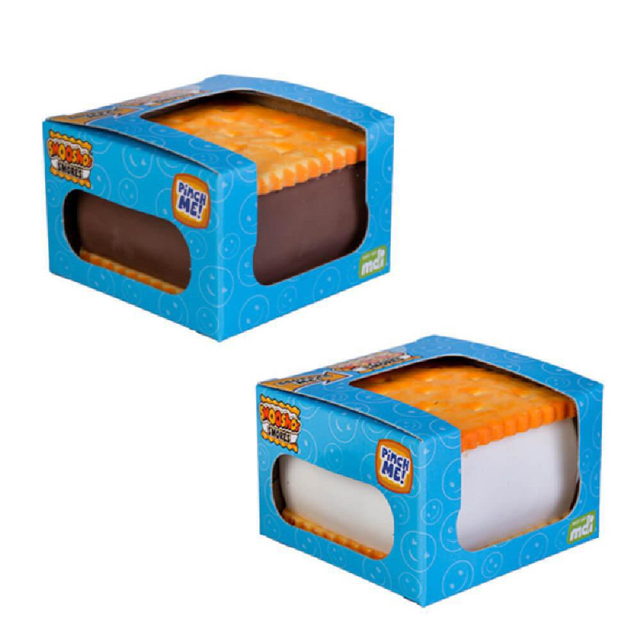Two "Swoosh S'mores" squishy toys in blue boxes: one chocolate-brown, one marshmallow-white