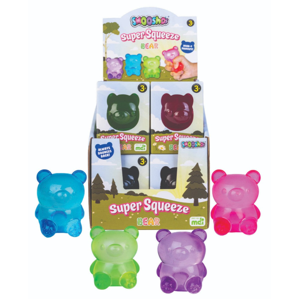 Display of colorful Smooshos Super Squeeze Bear toys, a hand squeezes one, with loose blue, green, purple, pink bears below