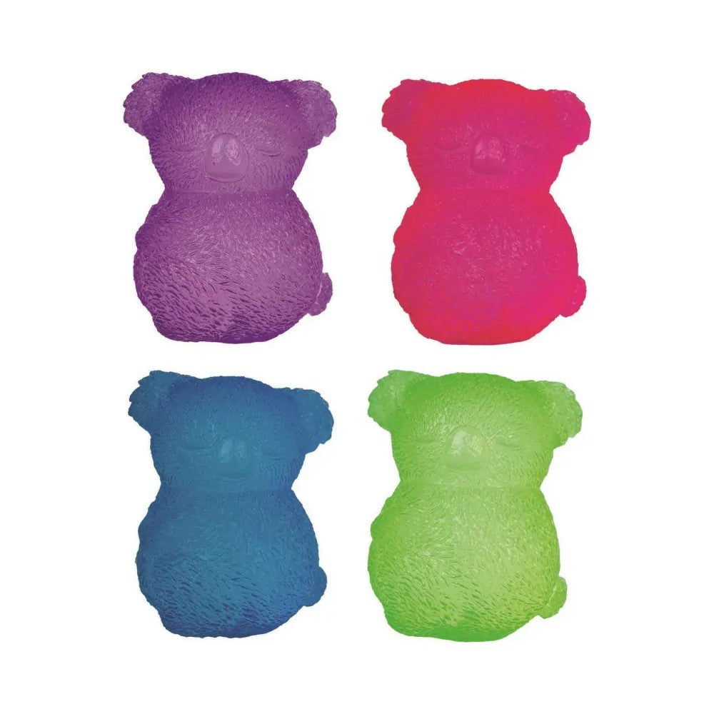 Four translucent, squishy koala toys: purple, hot pink, blue, and lime green, all sleeping
