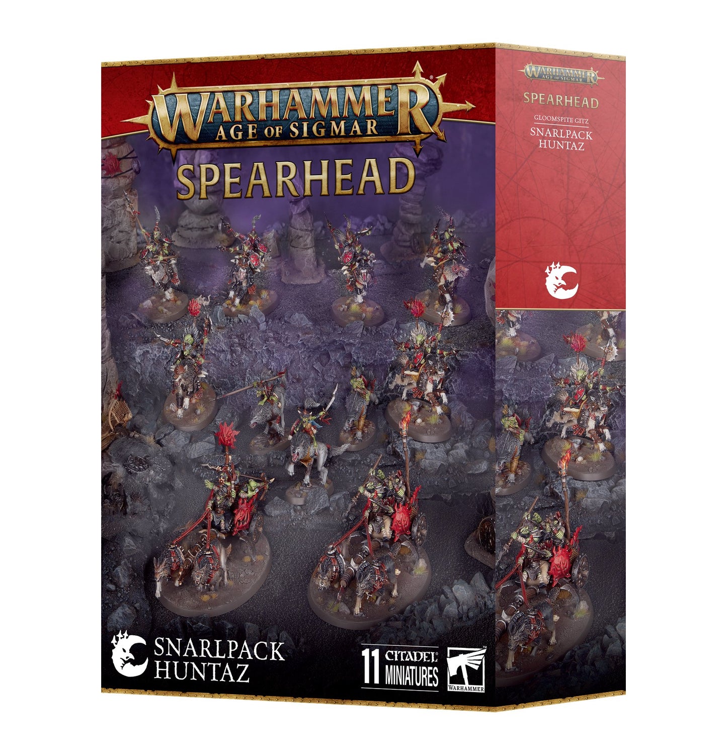 Warhammer AoS Spearhead Snarlpack Huntaz box set featuring Gloomspite Gitz wolf riders and war chariot miniatures
