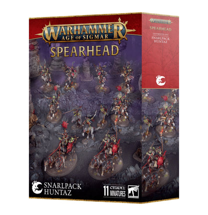 Warhammer AoS Spearhead Snarlpack Huntaz box set featuring Gloomspite Gitz wolf riders and war chariot miniatures