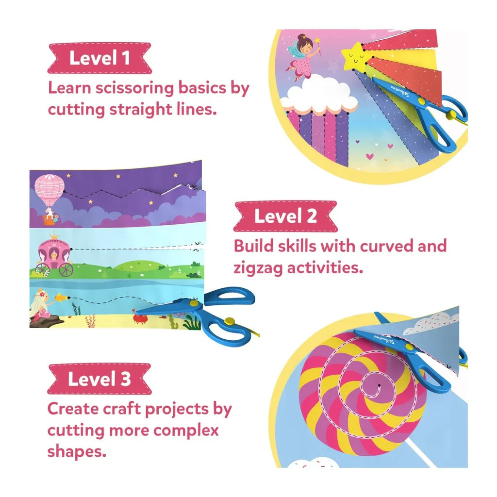 Three levels of kids' scissor skills activities: cutting straight, curved, and complex shapes on colorful illustrated paper
