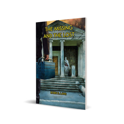 Pelgrane Press The Missing and The Lost paperback featuring a person holding a black toolbox in front of an ancient building