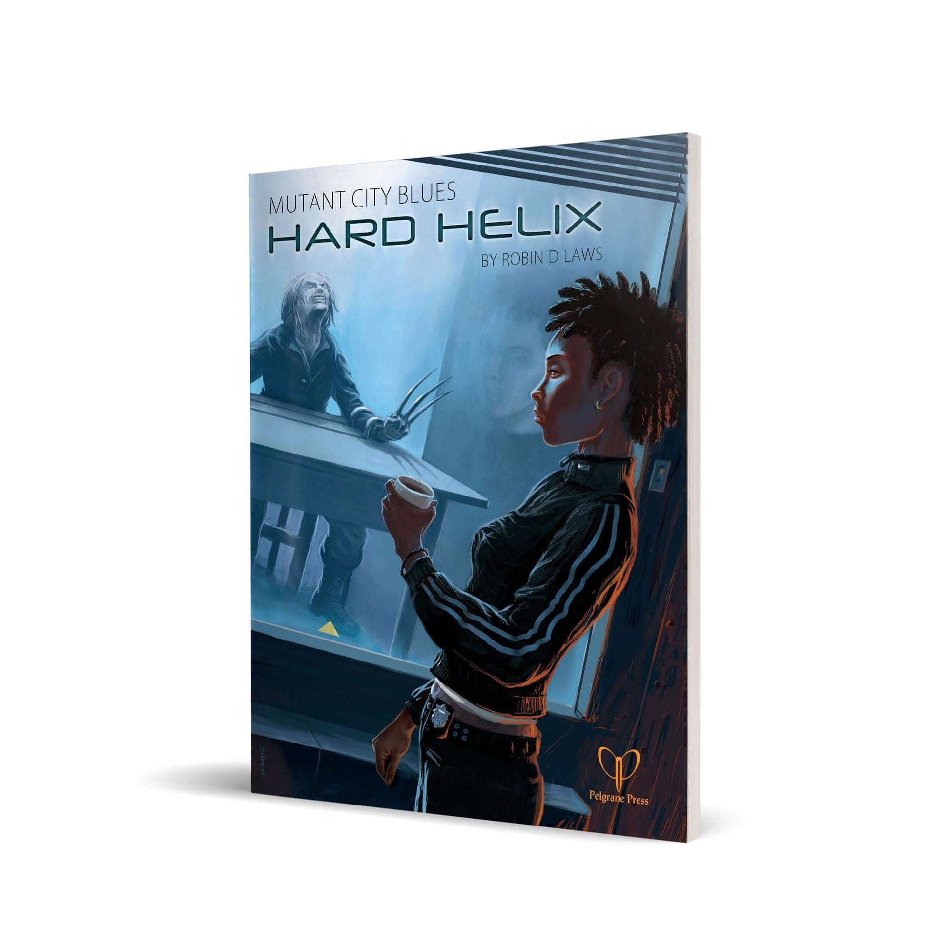 Book cover for Hard Helix. A Black woman with a badge sips coffee, observing a pale, clawed mutant outside a window