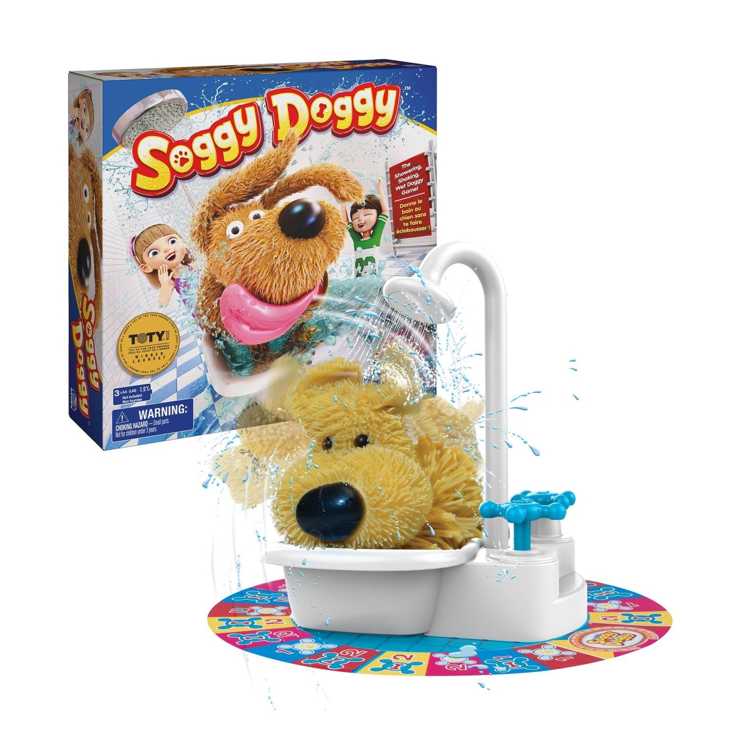 Soggy Doggy board game box and game set, a plush yellow dog sits in a white bathtub under a showering faucet, with blue water splashing onto a colourful game mat